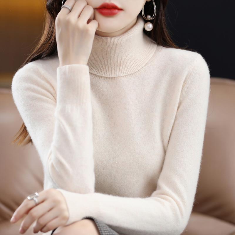 Шерстяной кашемировый свитер, женский вязаный свитер с высоким воротом, эластичный кашемировый свитер с высоким воротом, вязаные свитера S бежевый