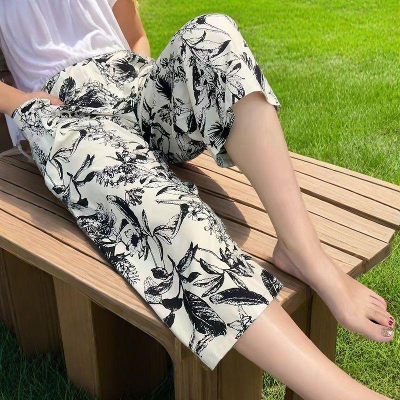 Summer Cotton Silk Polka Dot Slimming Over-the-Knee Pants