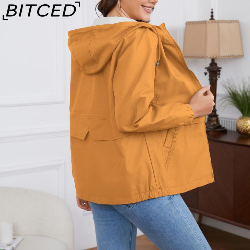 BITCED Hooded Solid-Colour Trench Coat for Women Long-Sleeved Spring/Autumn Lightweight Jacket Casual Style