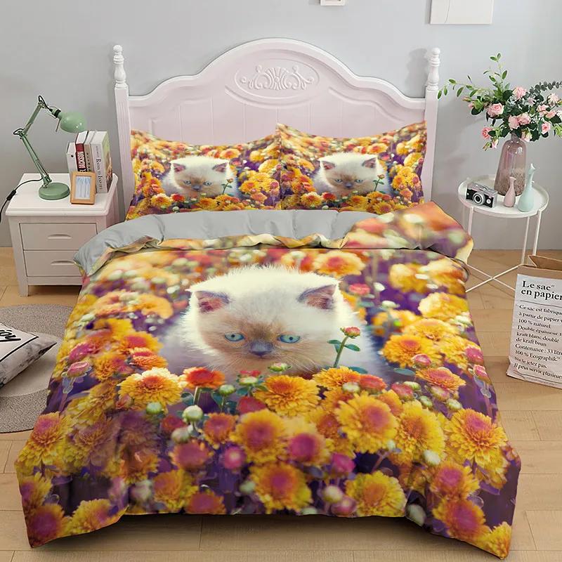 Cat Flowers King Queen Duvet Cover 3D Pet Kitty Floral Bedding Set Teens Adult Yellow Chrysanthemum 2/3pcs Polyester Quilt Cover
