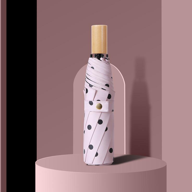 Small fresh vinyl wooden handle three-fold umbrella men's and women's umbrellas simple retro polka dot umbrella parasol