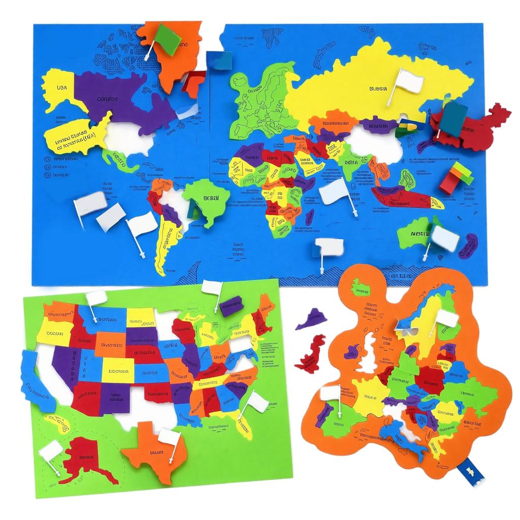 World, USA and Europe Map Puzzle Set - 3 Pack Geography Puzzles for Kids and Adults Educational Learning