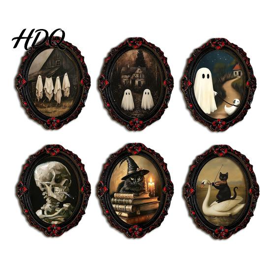 Crow And Ghost Wall Decor Halloween Wooden Refrigerator Magnet Vintage Gothic Fridge Magnets Oval Frame Decorative Soft Magnetic Stickers