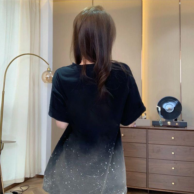 Summer Fashion Minimalist Round Neck Front Shoulder Niche Black Tie Dyed Gradient Mid Length Casual Loose Fitting T-shirt