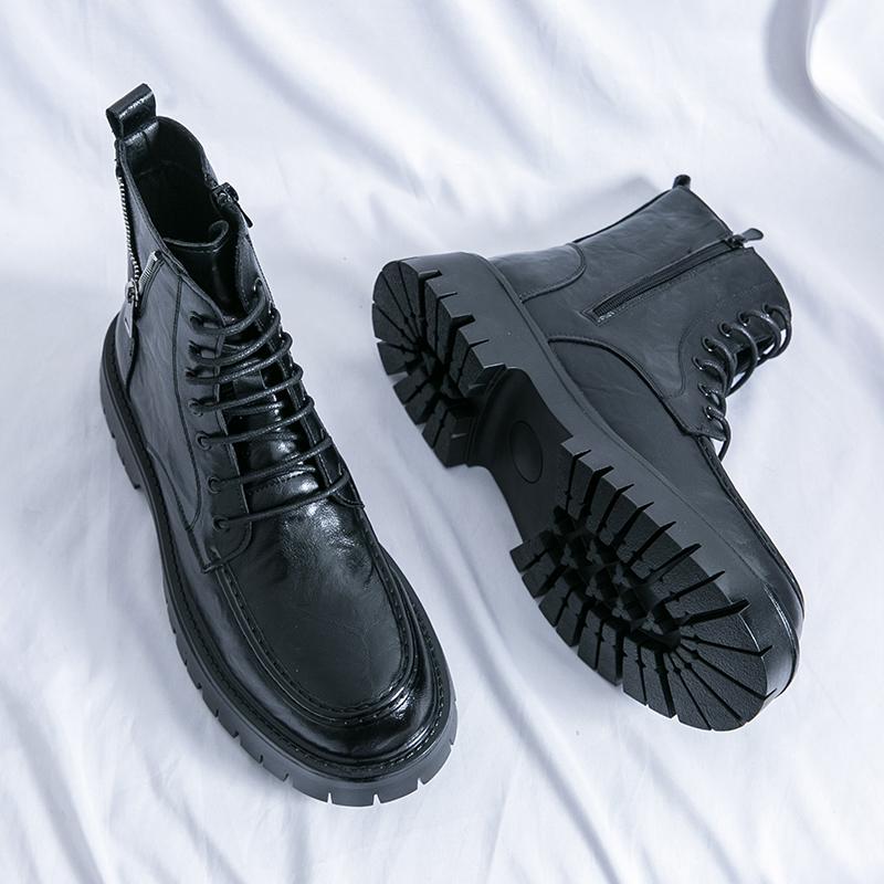 High Top Men Boots PU Solid Color Thick Sole Round Toe Lace Up Motorcycle Cowboy Boots Fashionable and Comfortable Men Boots