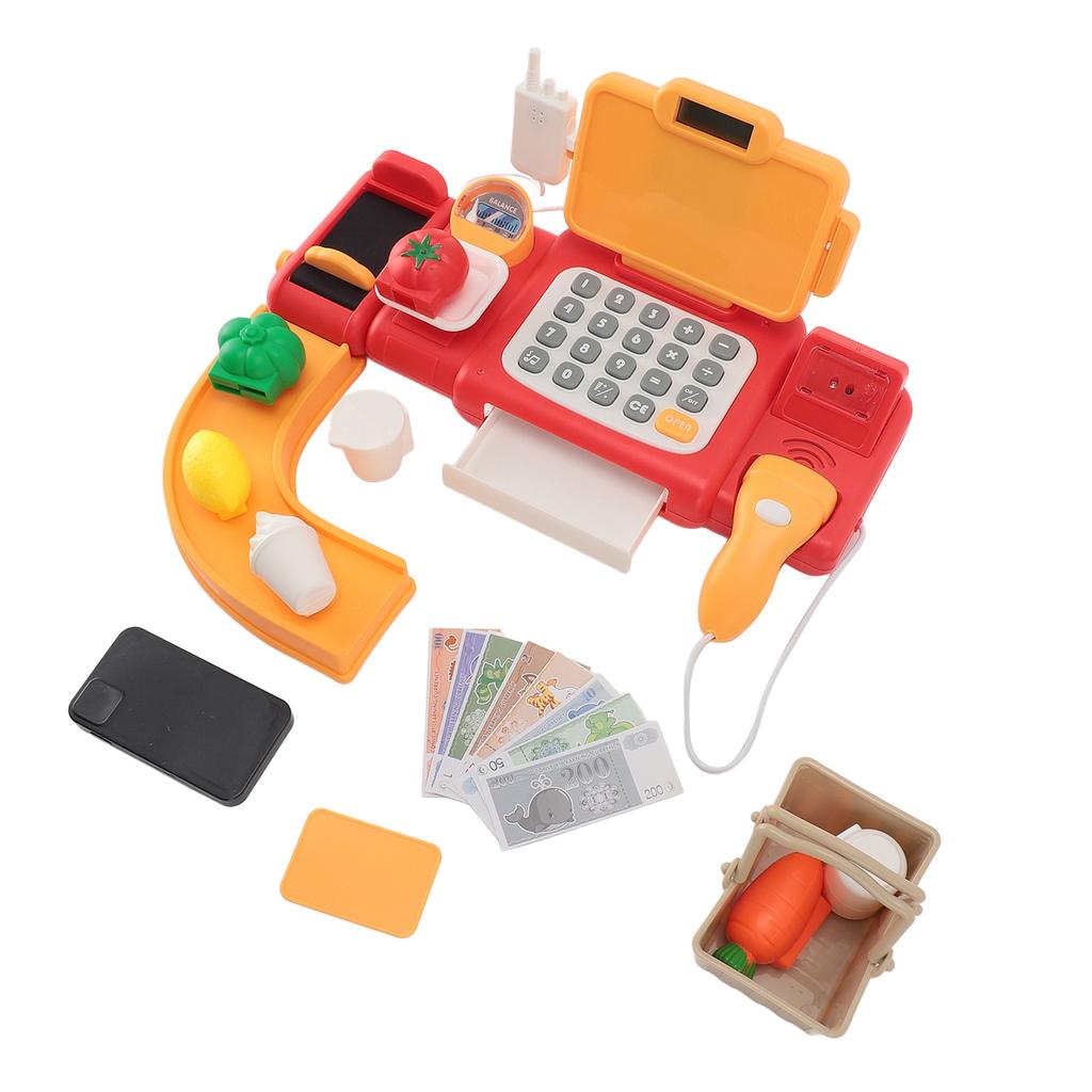 Cash Register Toy for Kids with Checkout Scanner Play Food Set Play Calculator Credit Card Rder Voice Broadcast Pretend Cash Register
