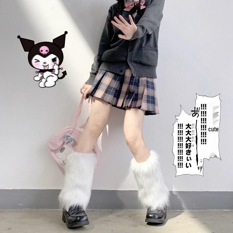 

Girly Pink Buckle Mid-Calf Faux Fur Leg Warmers with Y2K Leg Ring One Size