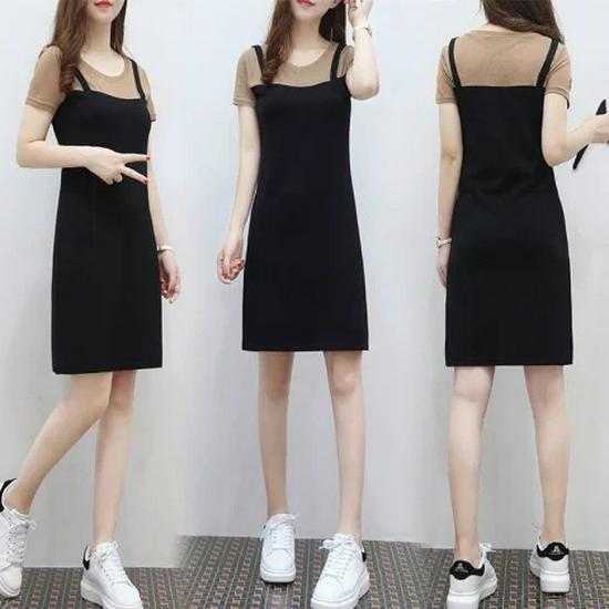 

2024 Korean Style Slim Fit Patchwork Midi Dress with Short Sleeves XL