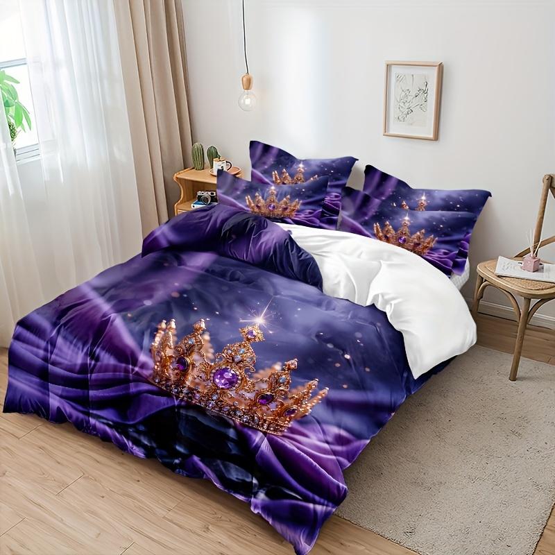 3Pcs Duvet Cover Set, Includes 1 Duvet Cover And 2 Pillowcases, No Insert Ultra-Soft Comfortable Breathable Purple Crown Pattern