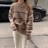 Autumn Winter Women Retro Sweater Casual Pullovers Basics Knitted Korean Loose Striped O-neck Long Sleeve Half High Neck Knitted Sweater