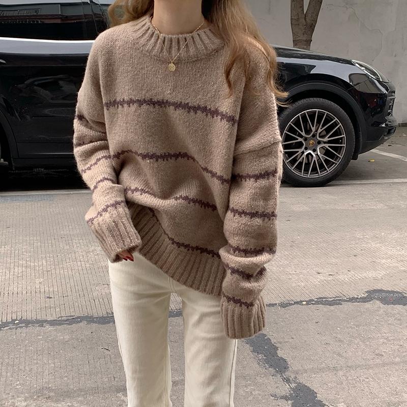 Autumn Winter Women Retro Sweater Casual Pullovers Basics Knitted Korean Loose Striped O-neck Long Sleeve Half High Neck Knitted Sweater