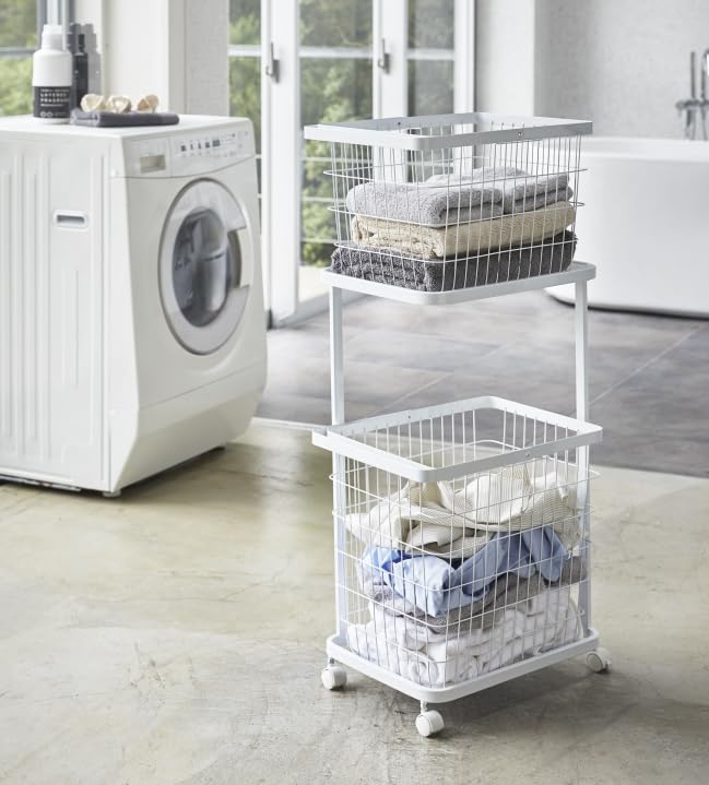 Laundry Cart Basket Tower by Yamazaki set in with Slim perfect for laundry and + Set, Series, Jitsugyo, 2-tier, 3-piece black, casters. design,