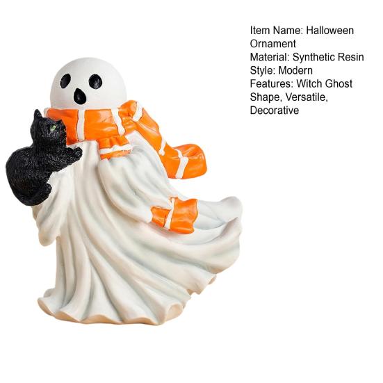 Halloweenská figurka duch Bílý duch držící dýni Kočka Strašidelná pryskyřičná ozdoba Rytá Halloweenská dekorace