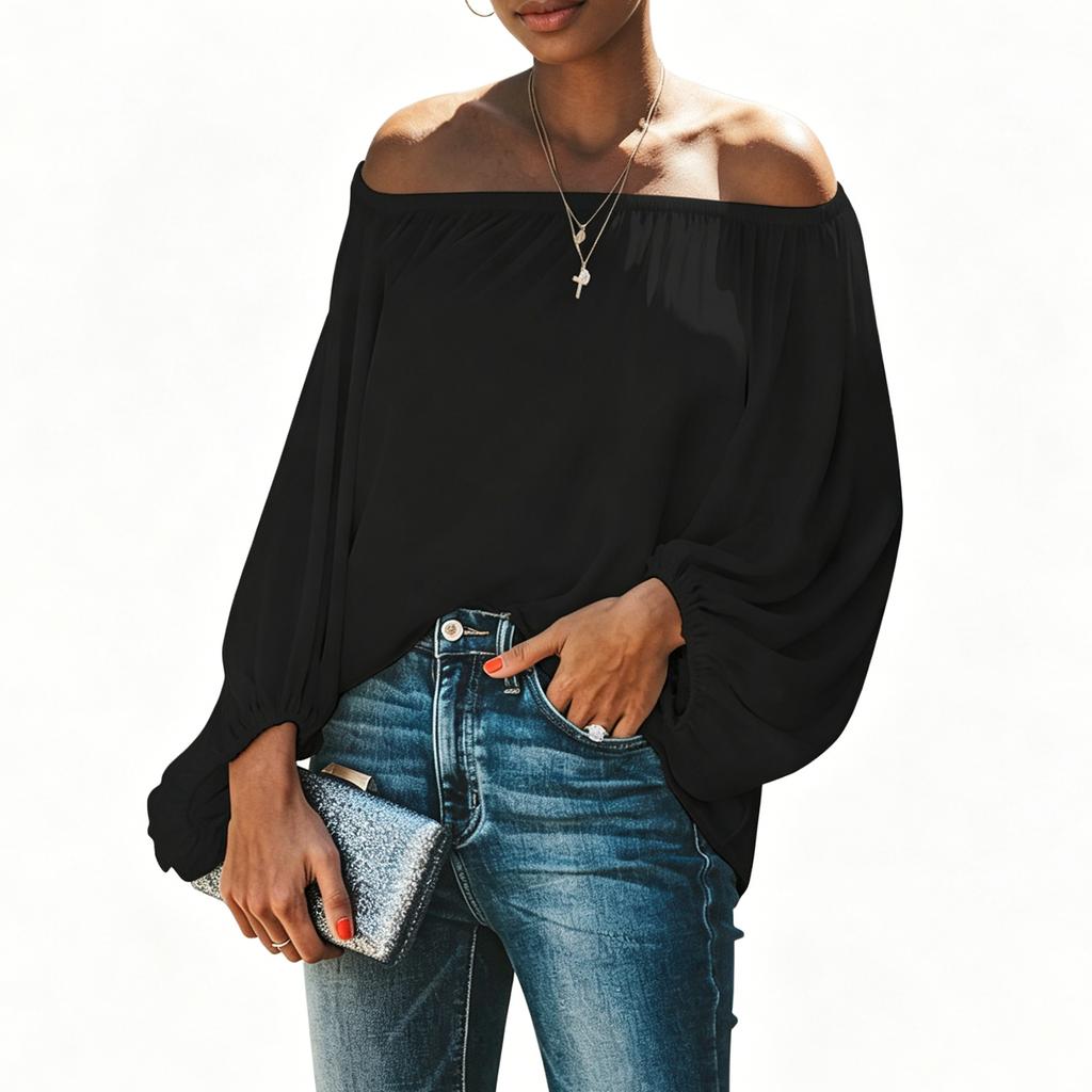 Women Off Shoulder Blouse Lantern Sleeve Long Sleeve Pullover Top Elastic Neckline Casual Shirt