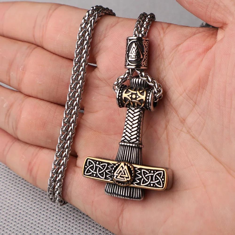 Flerfärgad pärlhalsband med vikingahammare och Thors hammare, rostfritt stål, herrhalsband, Mjolner amulett, smycken