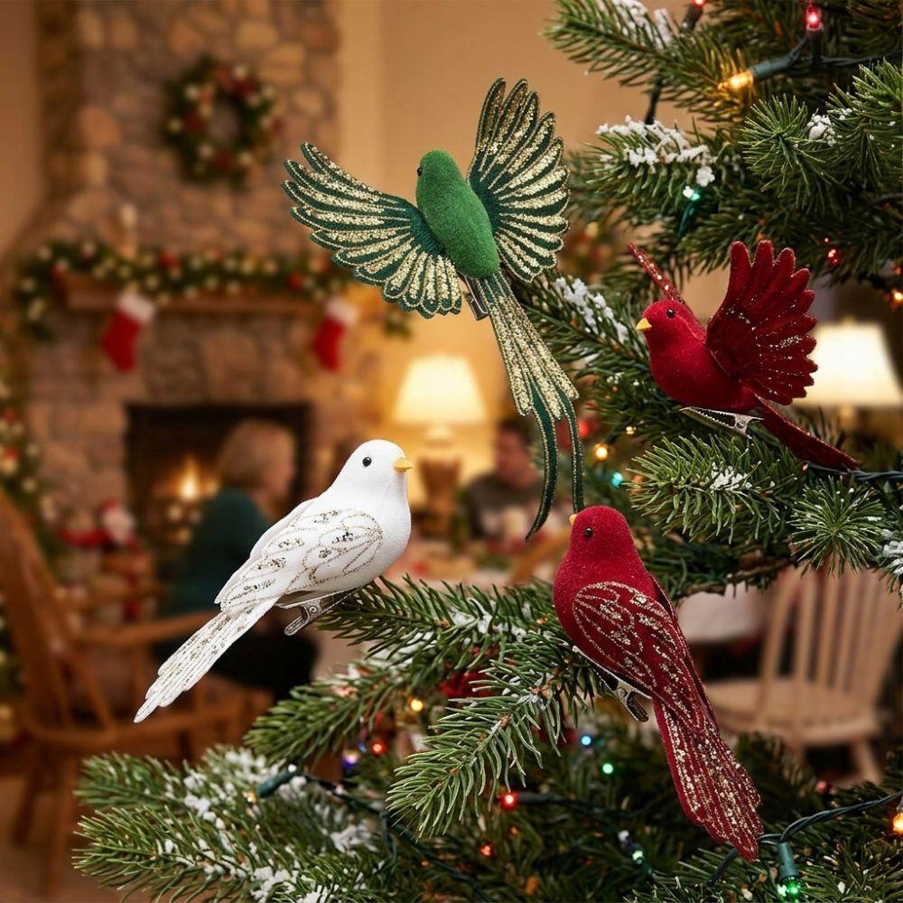 Soft Fluffy Glitter Christmas Bird Clip Ornament Faux Bird Decor Kit Window Display