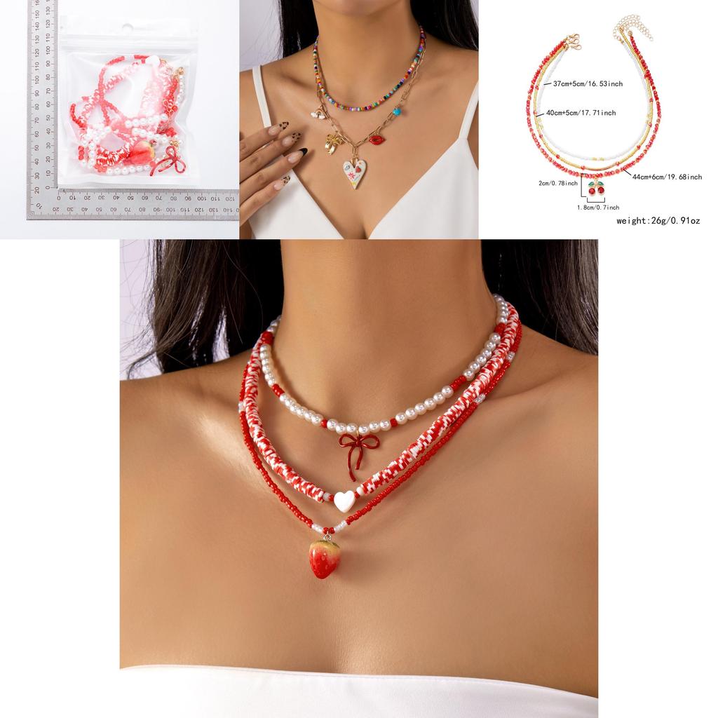 Summer Strawberry Fruit Pendant Necklace Set With Pearl Layered Choker For Women