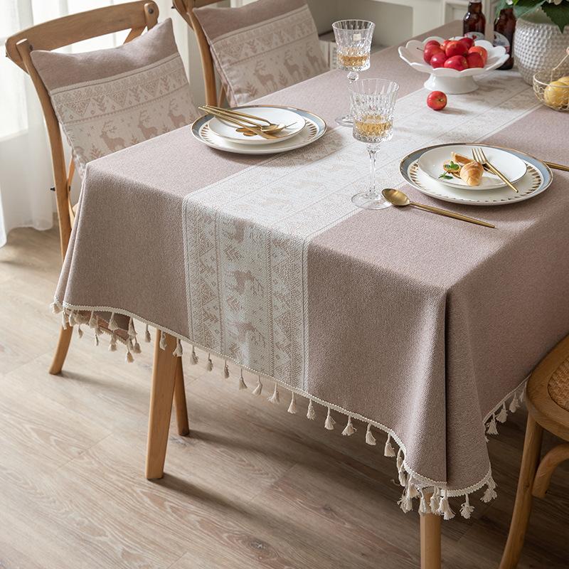 Christmas Deer Tablecloth Cotton And Linen Art Table Cloth Light Luxury High-End Rectangular Tablecloth Fringed Cover Towel