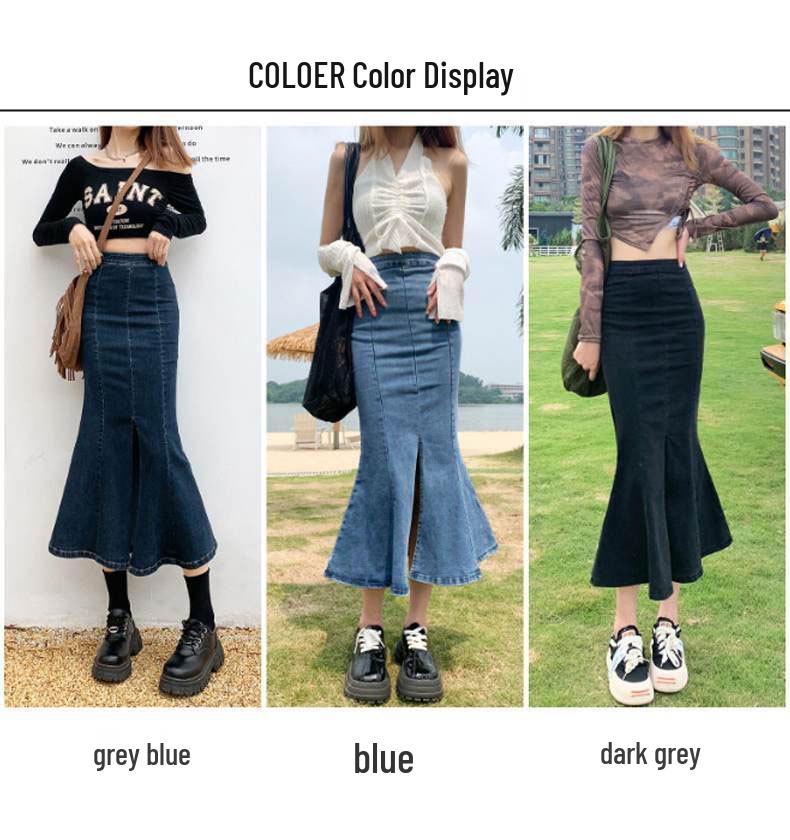 Plus Size Women's High Waist Stretch Denim Fishtail Midi Skirt