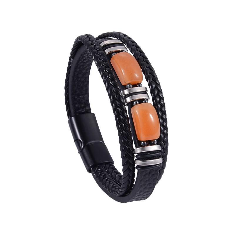 Men's Tiger Eye Woven Leather Bracelet - European & American Retro Style with Stainless Steel Handmade Jewelry.