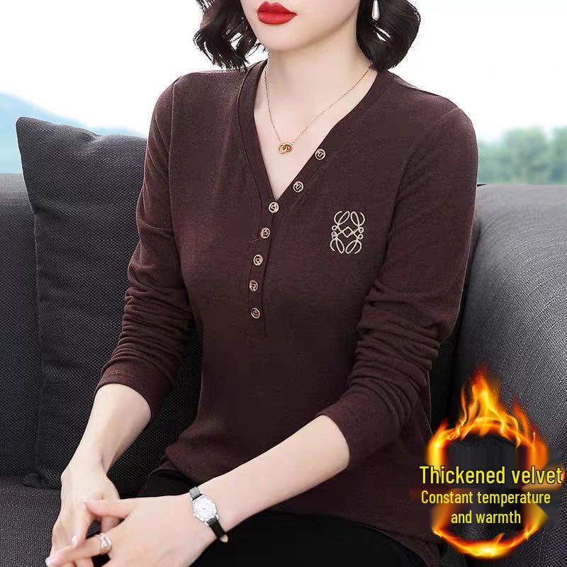 

Slim-Fit Double-Sided Velvet V-Neck Top for Women, Fleece-Lined & Thick, Long Sleeve, Perfect for Autumn/Winter M, for 80-100 jin