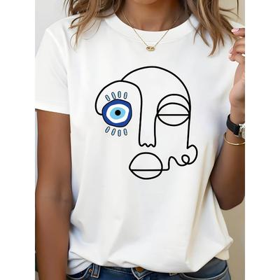 Damen Modernes Abstraktes Böser Blick Rundhals Kurzarm T-Shirt