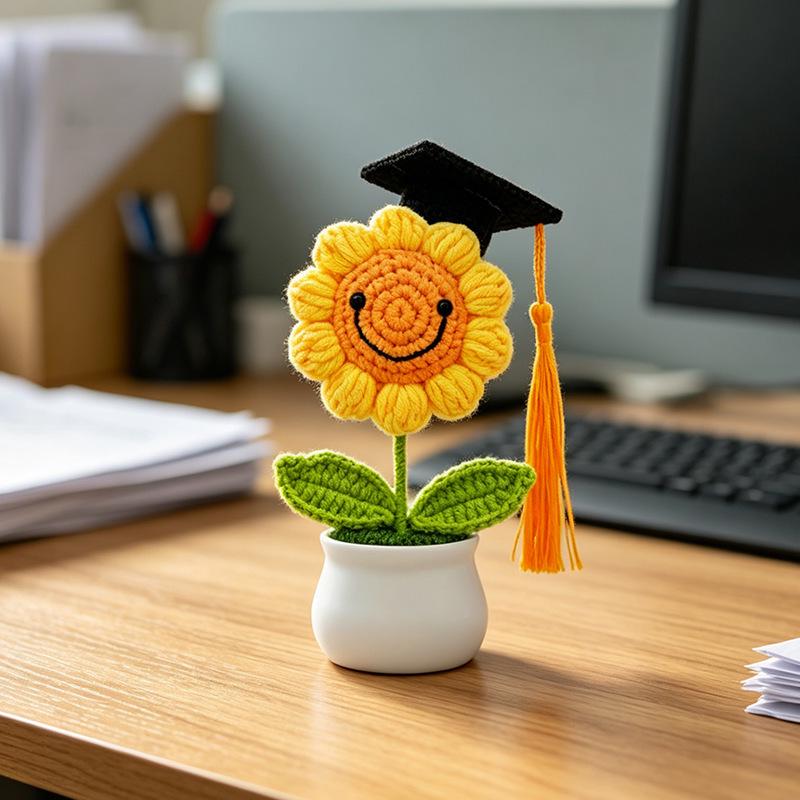 Hand-Knitted Wool Sunflower Bouquet: Perfect Graduation or Teacher's Day Gift