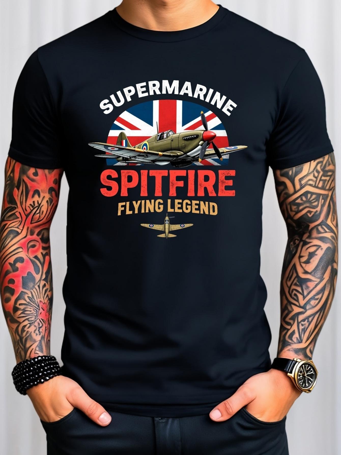 Мужская винтажная британская футболка времен Второй мировой войны со Spitfire Ретро-графика Военная авиация Хлопковая рубашка Тематические мероприятия Летний топ S