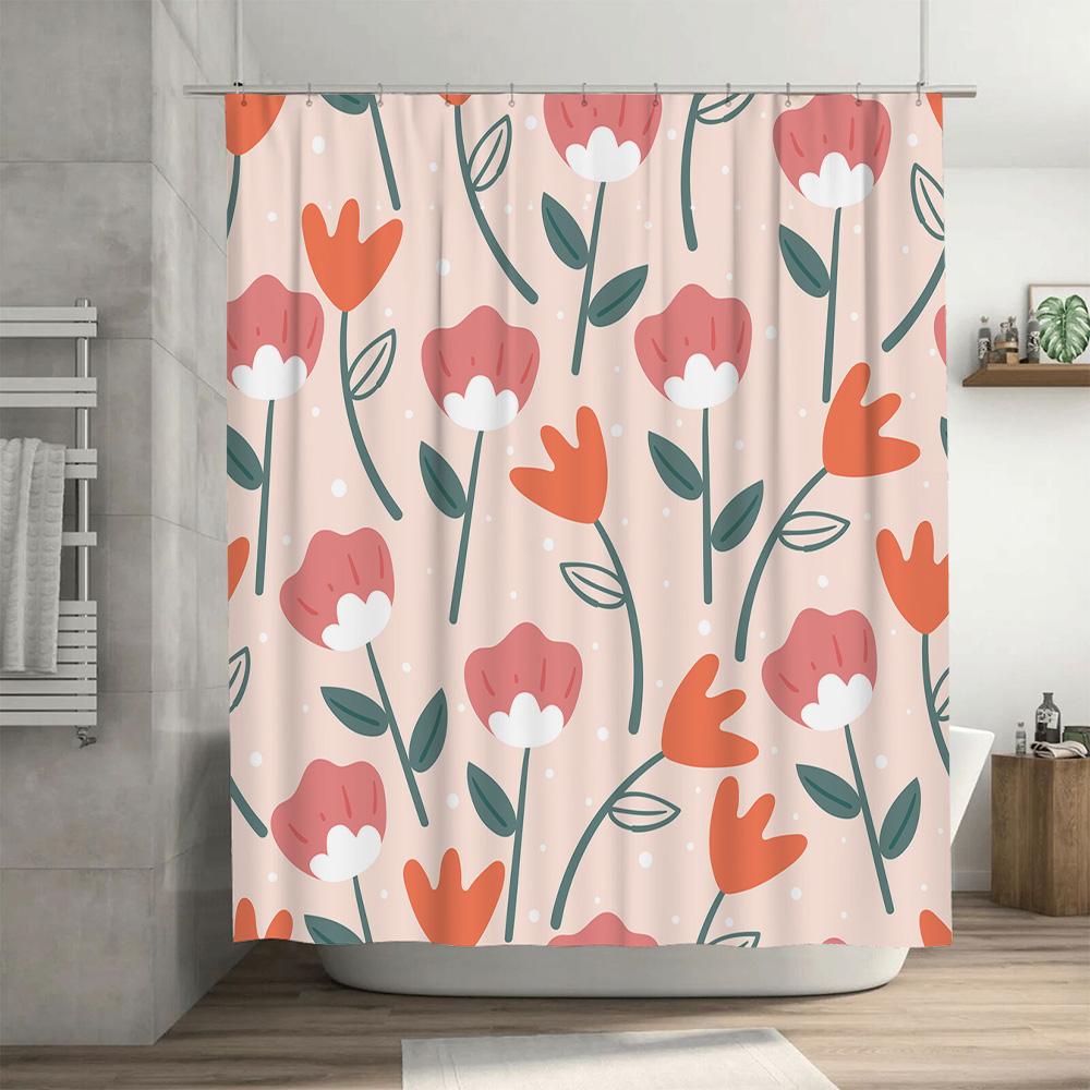 Trendy Bathroom Shower Curtain with Floral Print Pink Orange Leaves Pattern for Home Decoration In Bathrooms