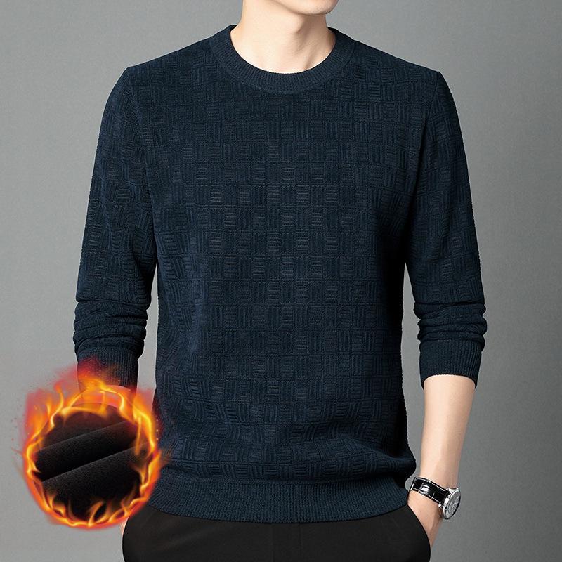 Men's Fleece-lined Jacquard Sweater - Winter Warmth, Round Neck Solid Color Knitwear.