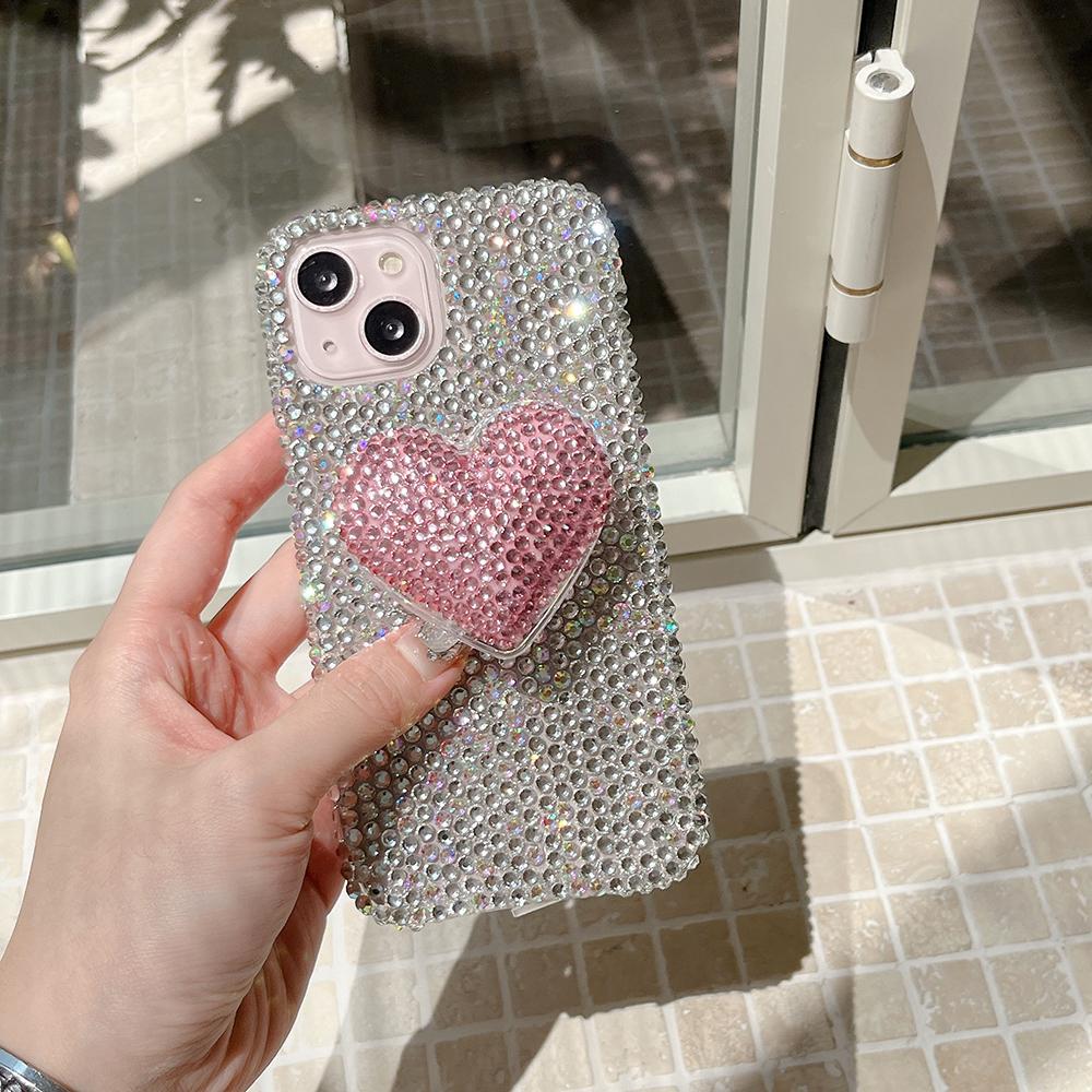 Glitter Diamond Crystal 3D Heart Stand Holder Phone Case for IPhone 15 14 16 plus 13 12 Air 17 Pro Max 11 Shockproof Bling Cover