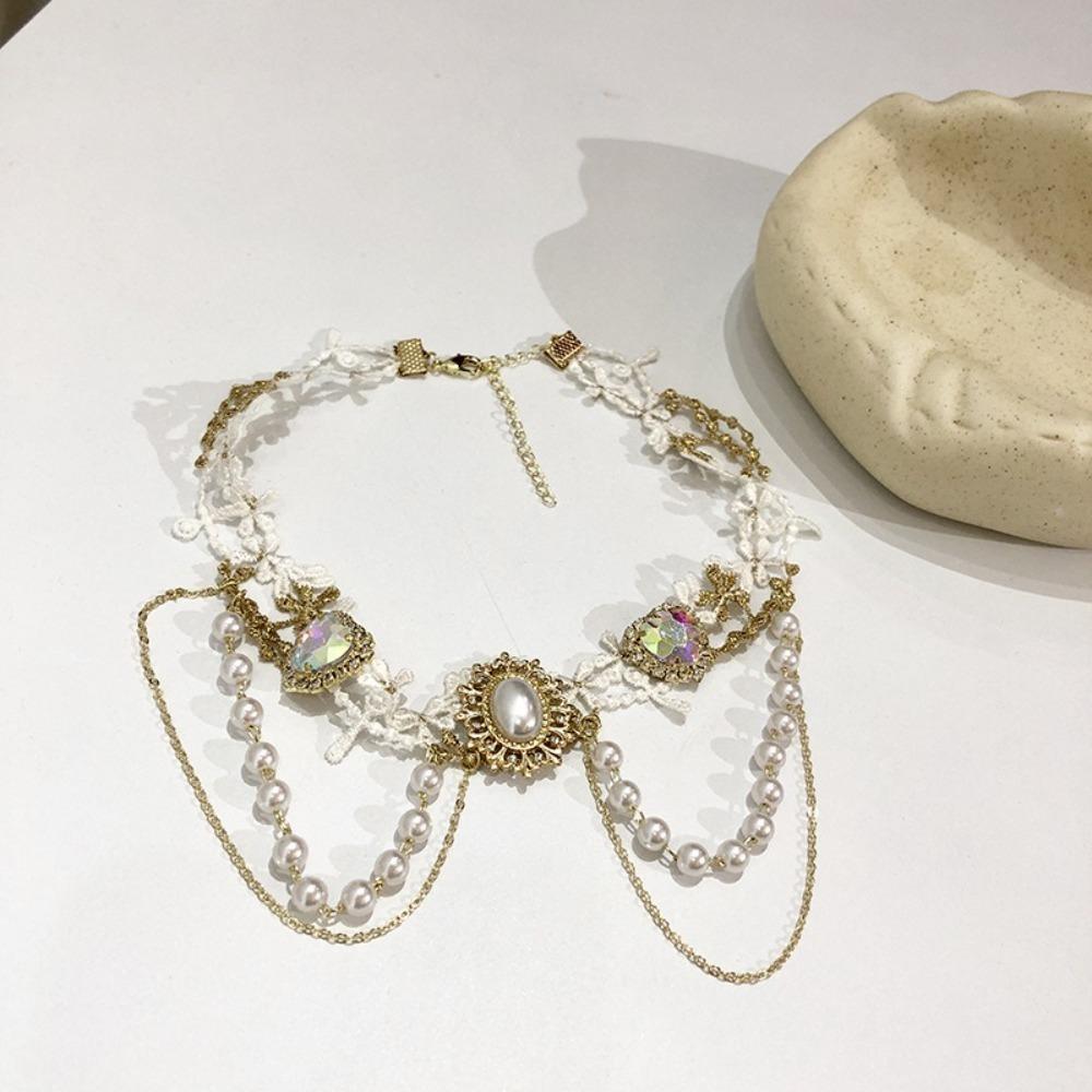 Exquisite Lace Pearl Choker Shiny Lolita Choker Necklace Fashion Rhinestone Tassel Necklace  Women