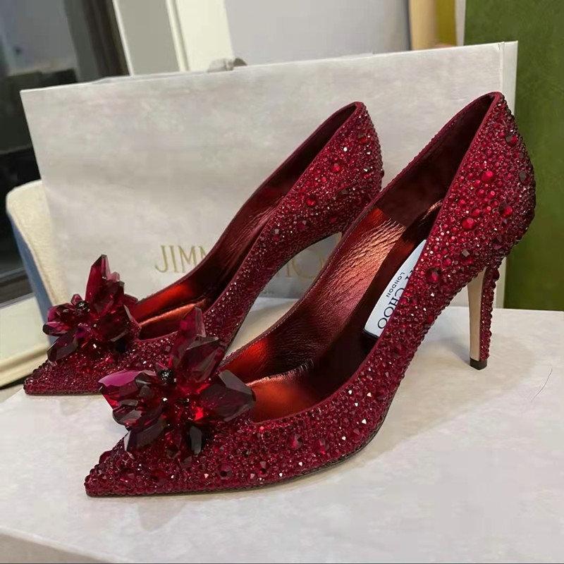 Grey Women's Crystal Wedding Shoes High Heels 2025Autumn New Silver All Diamond Bridal Shoes Water Diamond French Single Shoes