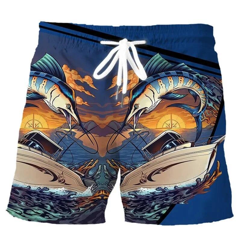Men's Fishing Shorts Summer 3d Fish Printed Beach Fashion Casual Mens Shorts Men's Comfortable and Breathable Drawstring Shorts