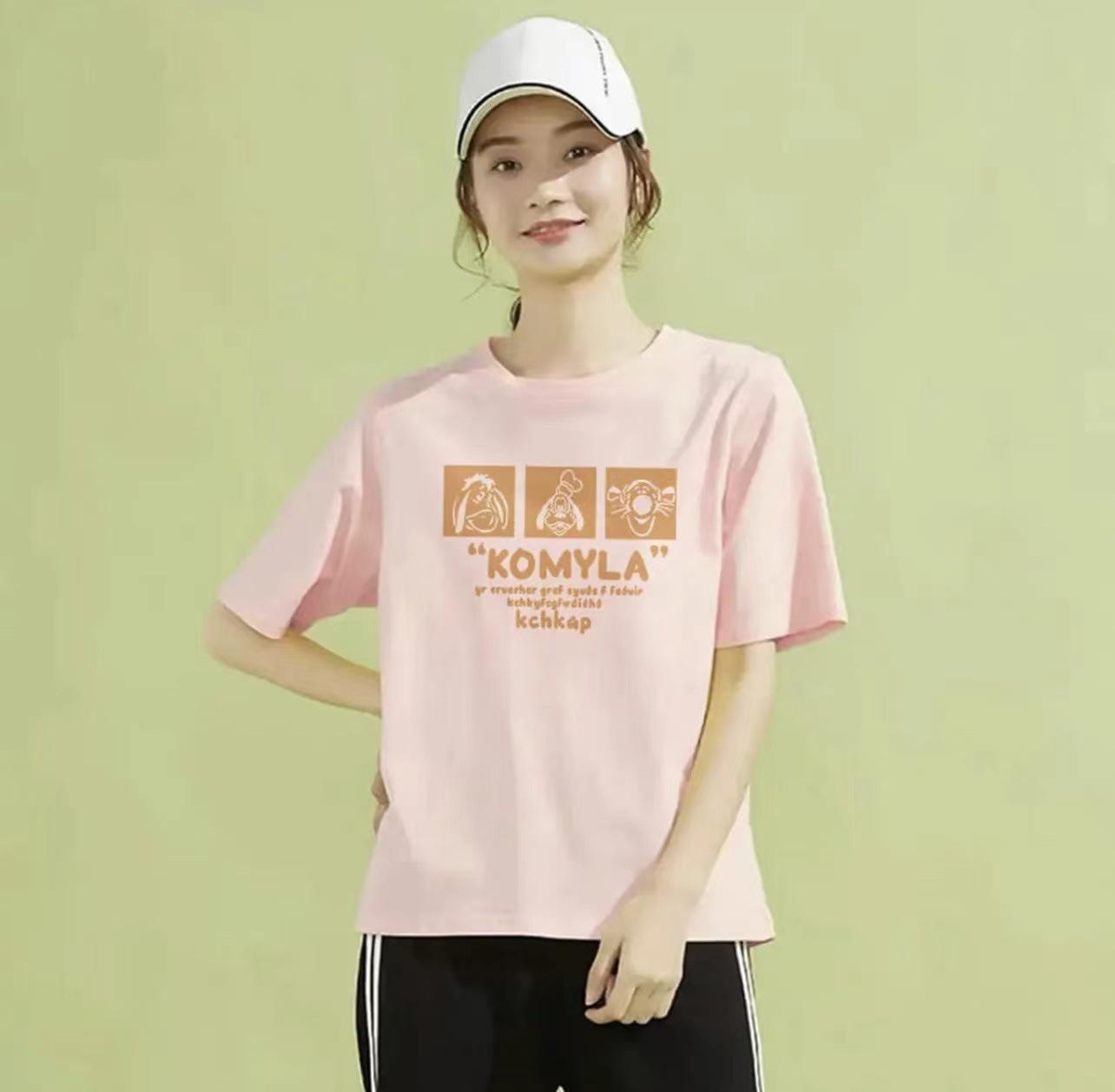 

Женская летняя футболка с короткими рукавами из чистого хлопка с принтом 2025 года — свободный крой, большой размер, приталенный фасон. S 80-95 jin