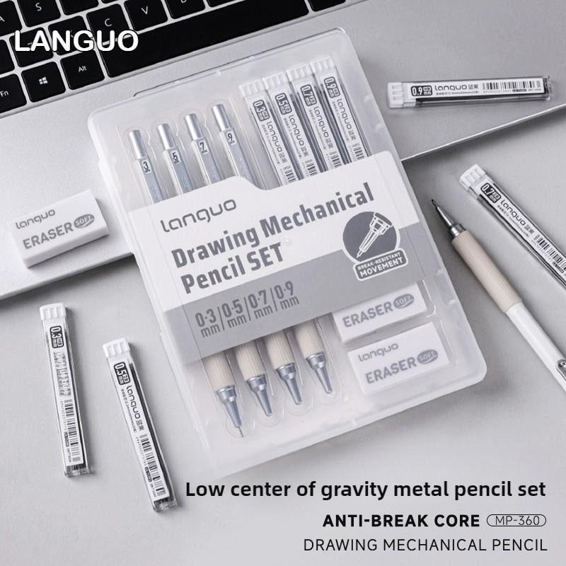 Set de Lápices Mecánicos Metálicos LANGUO 0.3/0.5/0.7/0.9mm Con Goma de Borrar Agarre Suave para Bocetos Artísticos Dibujo Papelería Material Escolar