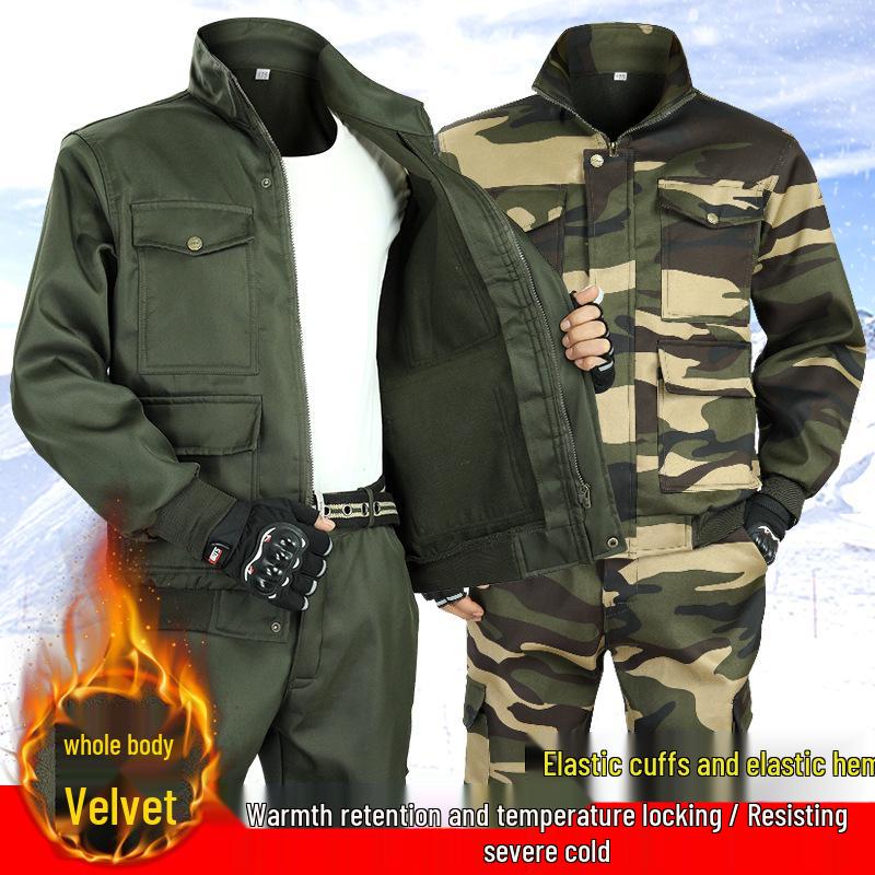 Men's Thickened Camouflage Workwear Set: Velvet-Lined, Cold-Resistant, Wear-Resistant for Welding & Auto Repair