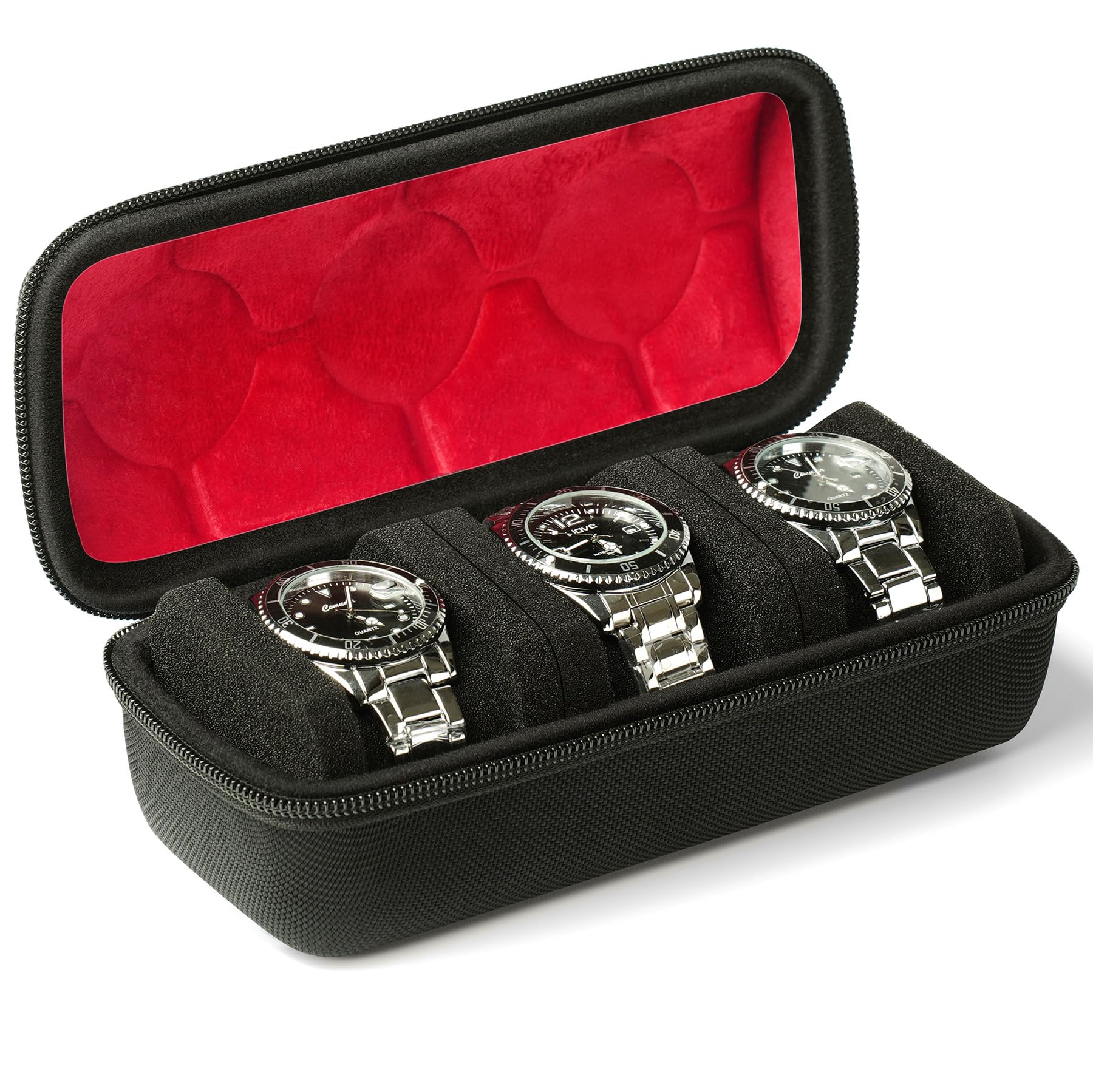 

3 Slots Watch Travel Case, Travel Watch Organizer Case with Soft Foam Pillow, Durable Red Microfiber Lining,Sleek Des