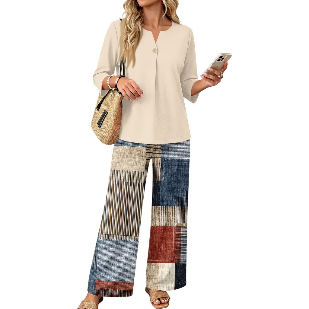 Women's Casual Printed 2 Piece Outfit with 3/4 Sleeve Button Top and Wide Leg Pants Set