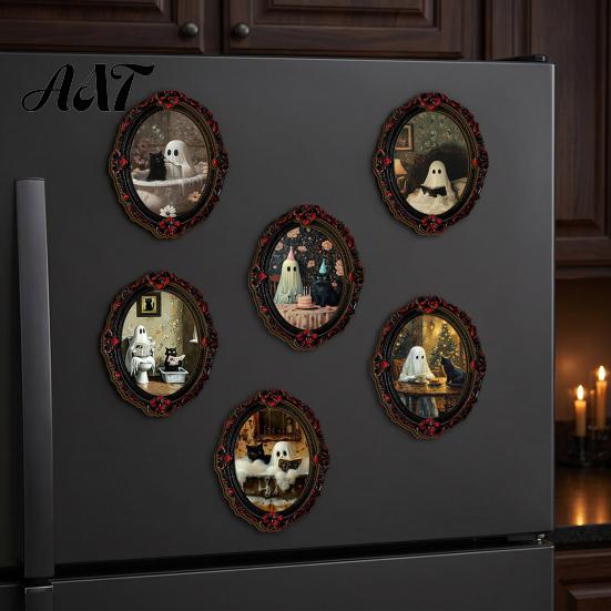 Waterproof Wear Resistant Fridge Decals Halloween Ghost Refrigerator Magnet, Retro Gothic Magnets, Oval Picture Spooky Pumpkin Ornaments Frame