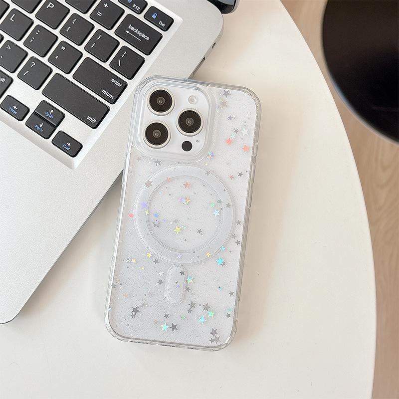Applicable to Apple 16Promax transparent glitter star 17 sequin magnetic mobile phone case Iphone15 Epoxy soft case