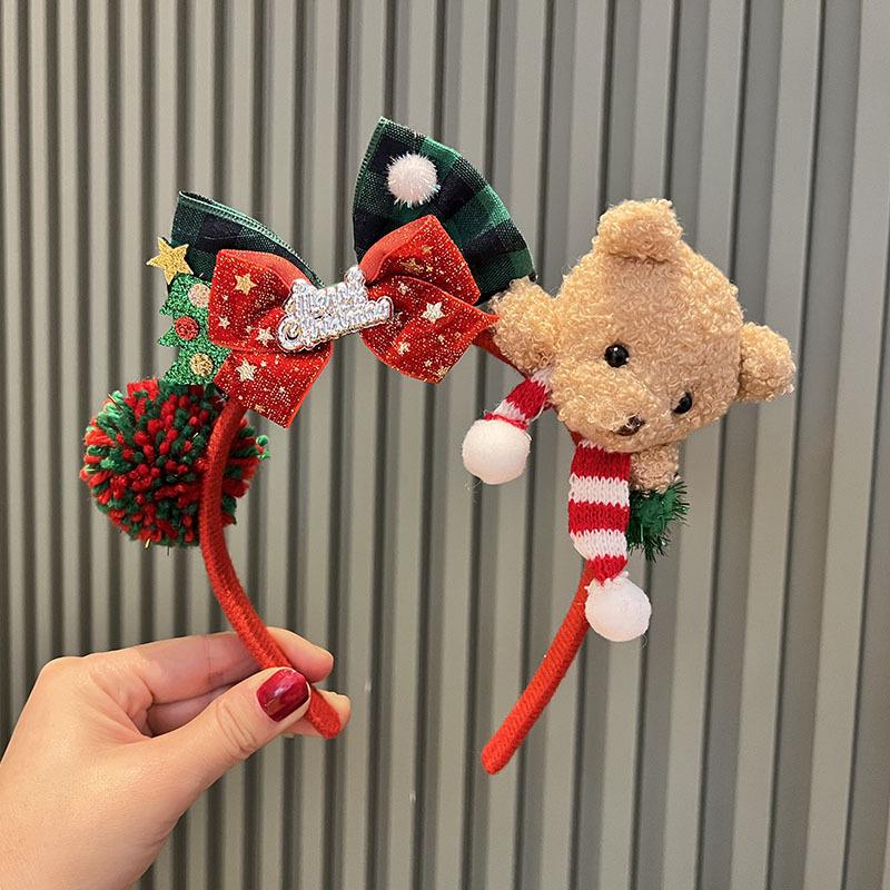 Vintage Christmas Bear Headband & Bow Clip Set: European-American Style Princess Hair Accessories