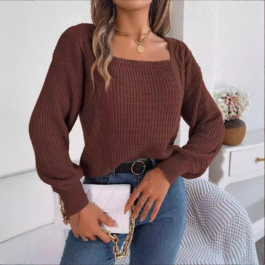 Женский осенне-зимний свитер для отдыха однотонный квадратный вырез жареные переплетения теста рукава-фонарики вязаный свитер-пуловер M темно-коричневого 1980₽
