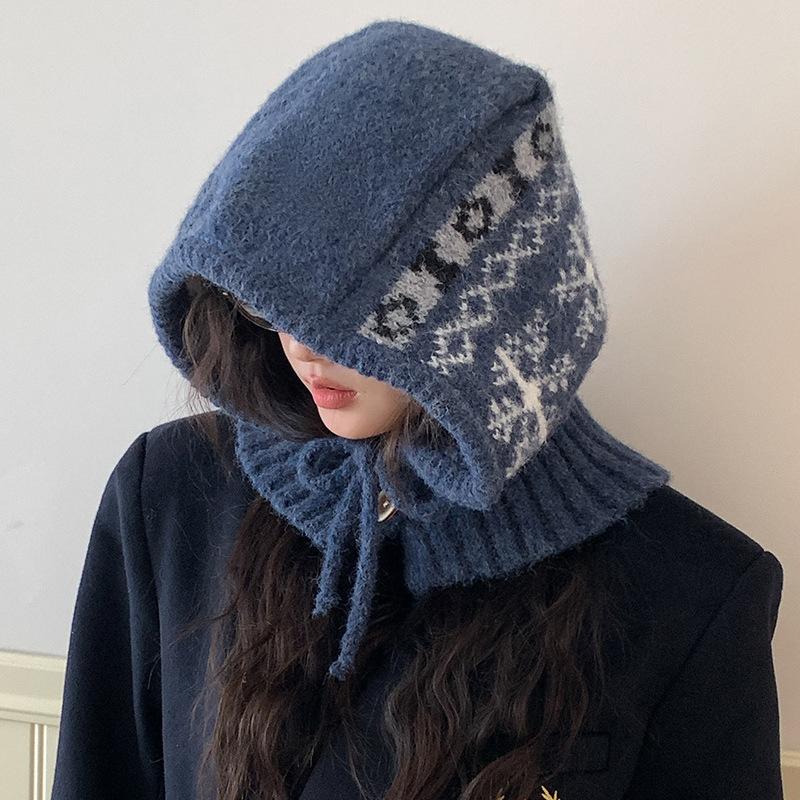 Snowflake Balaclava Hat for Women Autumn and Winter New Knitted Hat Warm Neck Scarf Integrated Ear Protection Woolen Hat
