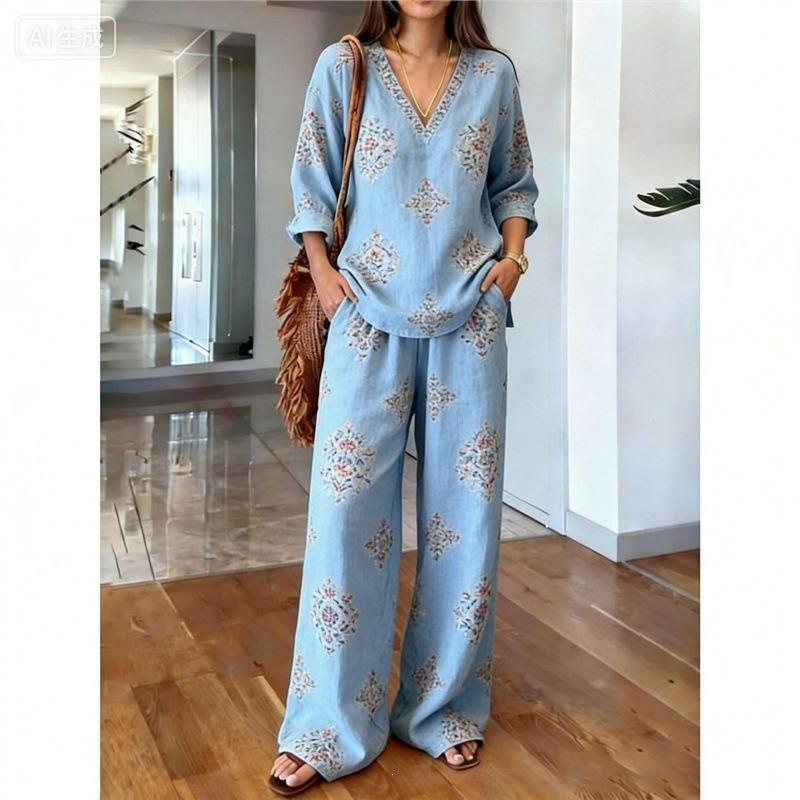 Gentle Temperament Printed Top Set, Classic Bohemian Pattern, Loose Wide-leg Pants for Summer Casual Wear