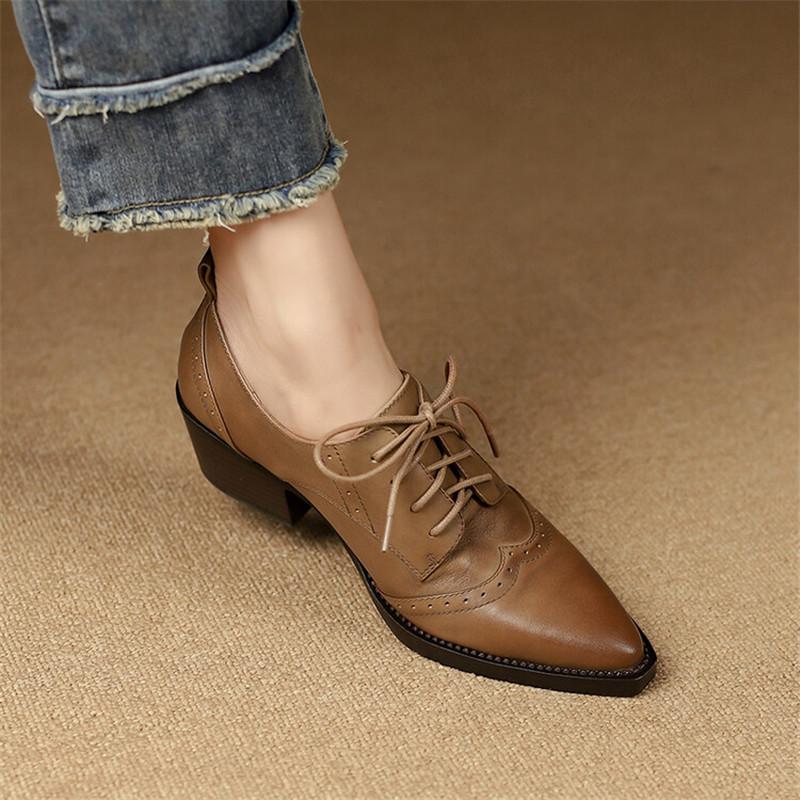 Fashion New Spring Autumn Genuine Leather Women Pumps Shoes for Women Pointed Toe Brogue Designs Loafers High Heels Concise Ladies Shoes