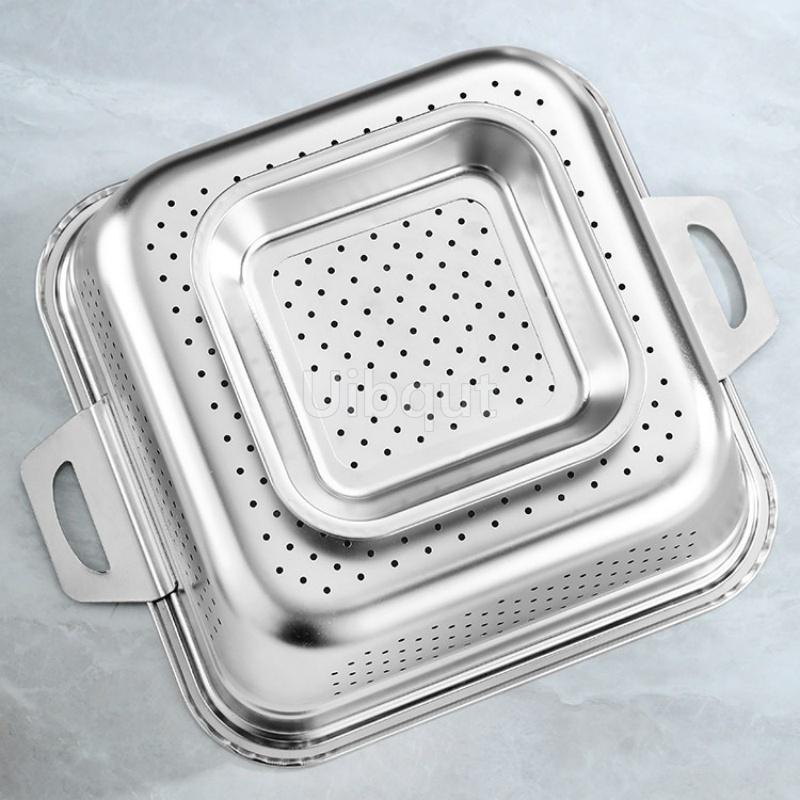 304 Stainless Steel Square Perforated Strainer Flat Bottom with Side Handles Colander for Washing Vegetables Marinating Tray