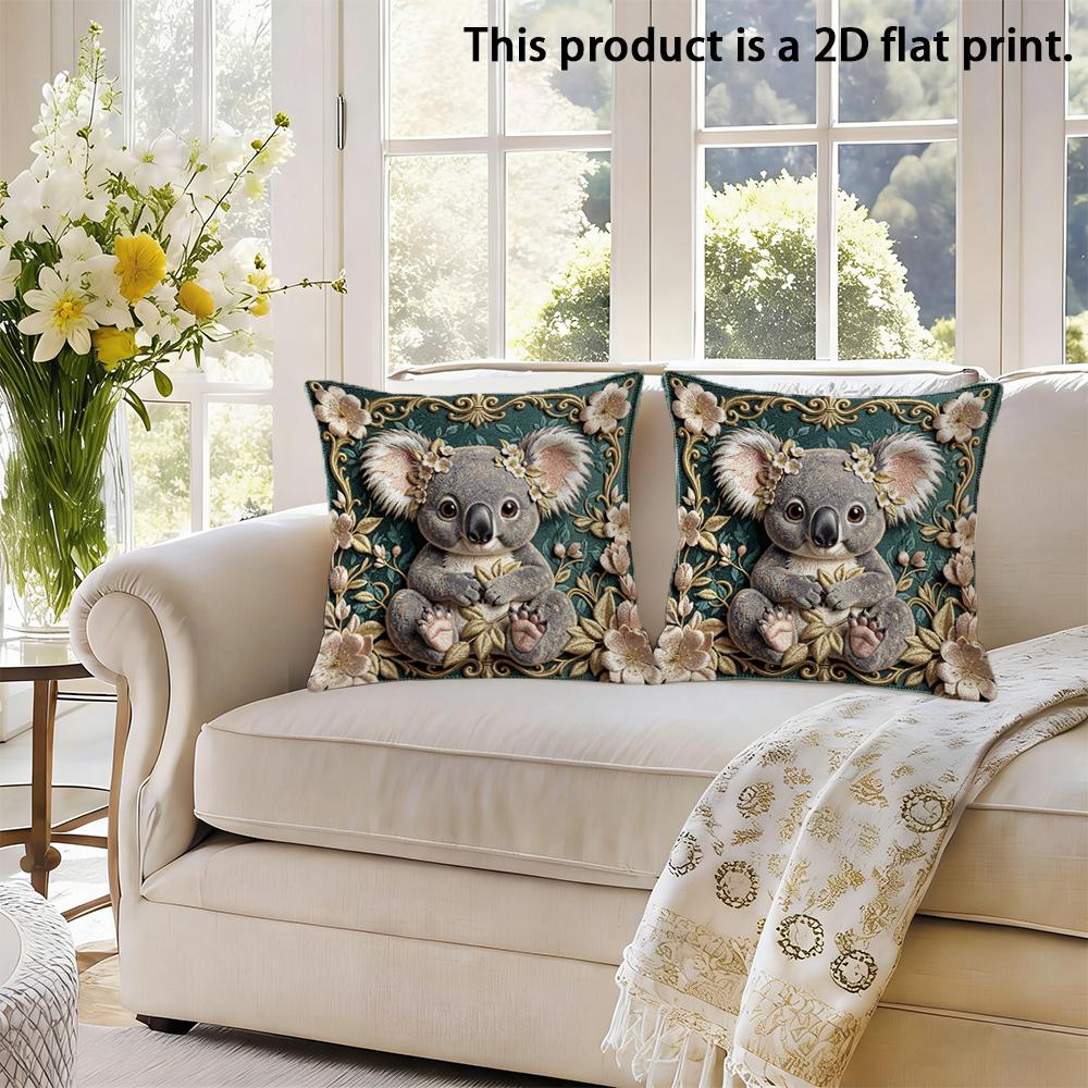 2pcs Vintage Floral Koala Throw Pillow Covers 2D Flat Print Decorative Cushion Cases for Sofa Bedroom Living Room Cushion Cover