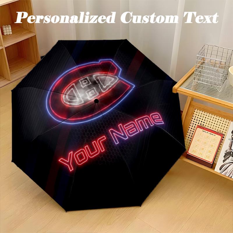 Montreal Canadiens Automatic 8‑ribs Umbrella, Custom Name Text Personalized Folding Umbrella Rain Sun Gift