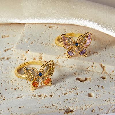 Popular Multi-Color Diamond-Set Butterfly Ring Temperament Copper-Plated 18K Gold Open Ring